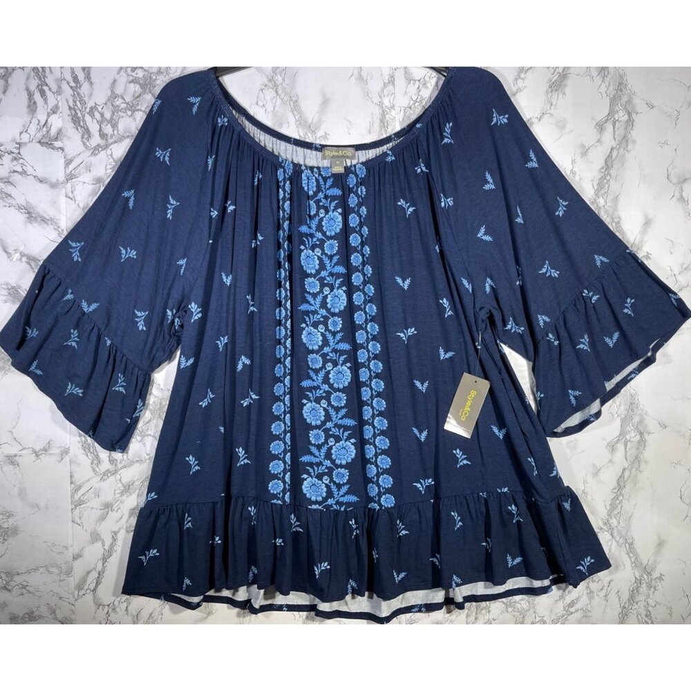 Style & Co Blue Floral Blouse with Ruffle Sleeves Size 3X - Picture 1 of 7